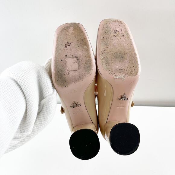 Prada Patent Leather Block Heel Square Toe Mary Jane Pumps Shoes Nude 38.5 - Picture 6 of 12